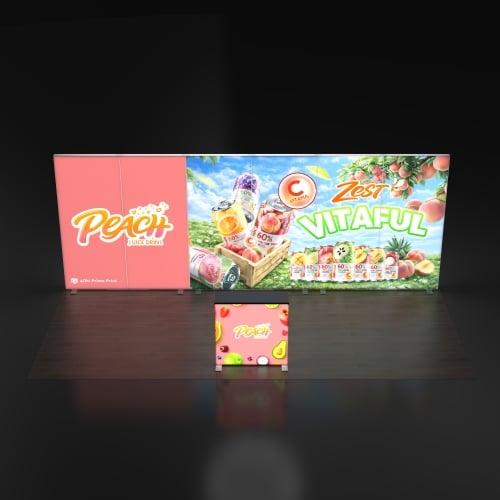 Example 10x20 SEG folding lightbox booth layout with wider backlit wall and counter