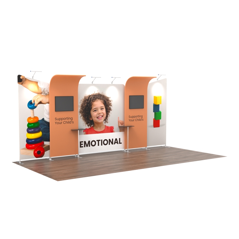 Modular Booth Systems 20ft Modular Trade Show Booth with Mixed Panels and Curved TV Mounts ...