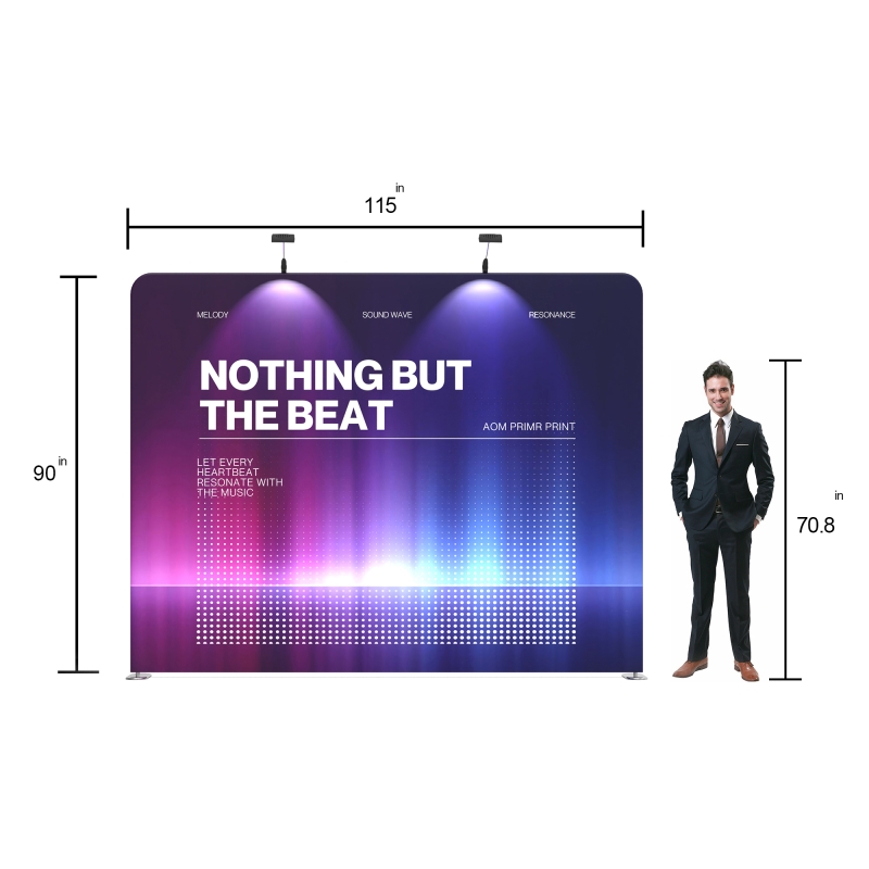 10x10 Custom Waveline Trade Show Booth Kit with Flat Tension Fabric Backwall Display & Oval Hydraulic Backlit Podium