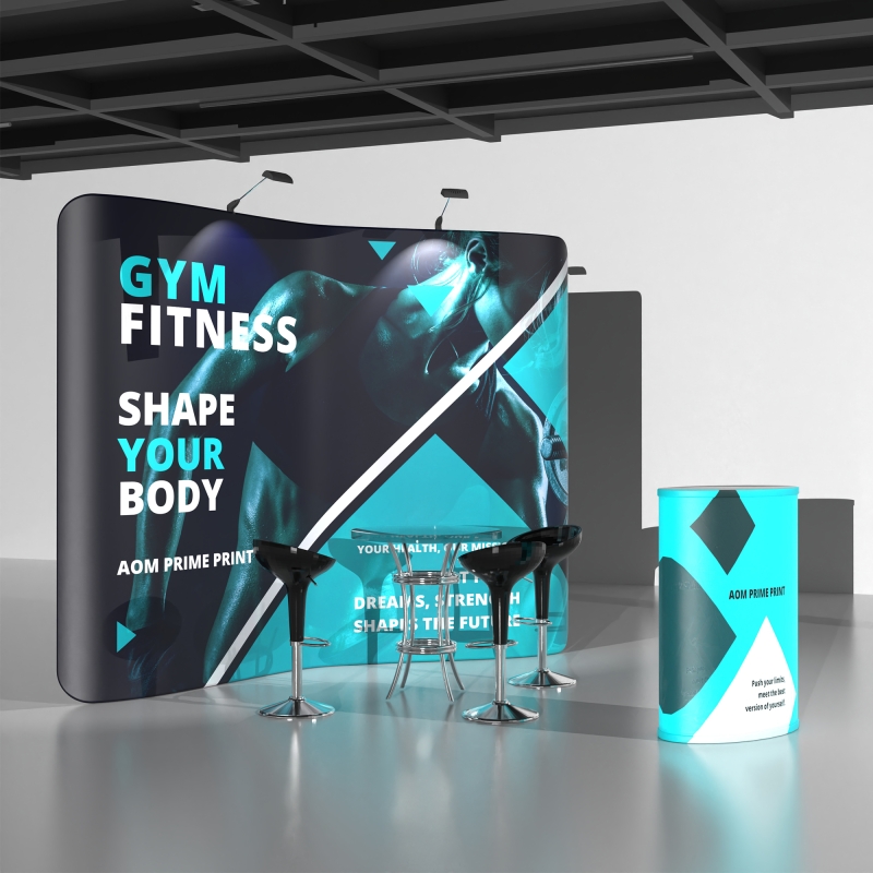 10x10 EZ Tube Curved Trade Show Booth System | with Oval Pop up Backlit Foldable Podium
