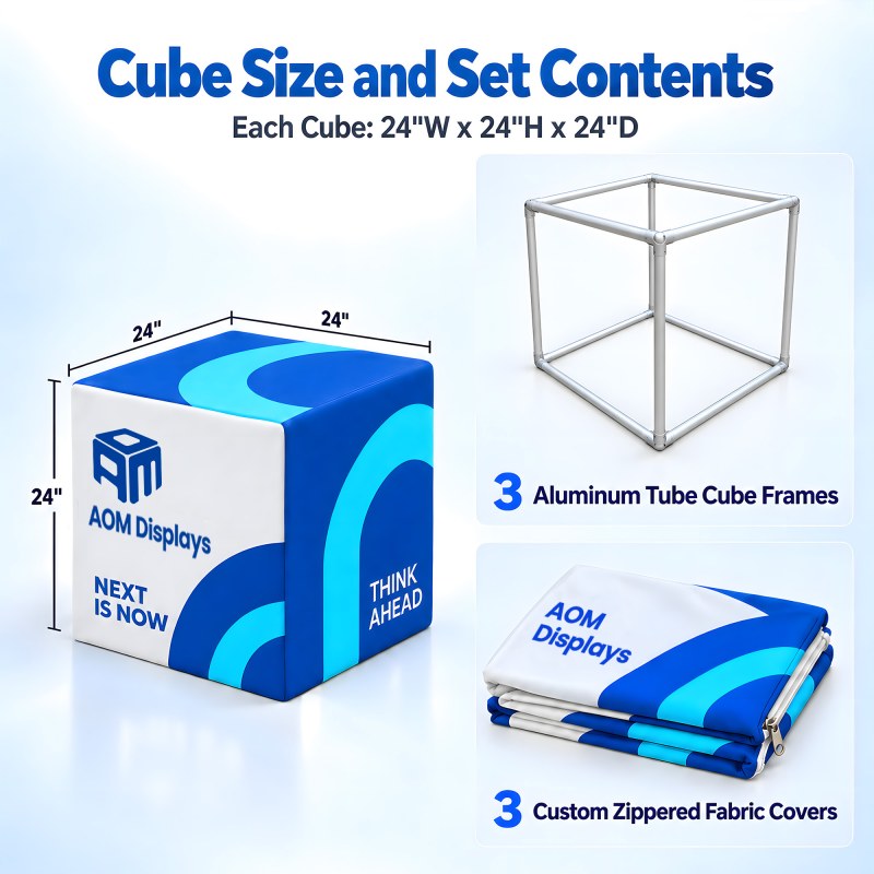 3-Piece 2ft Stackable Fabric Display Cube Set with Six-Sided Printing
